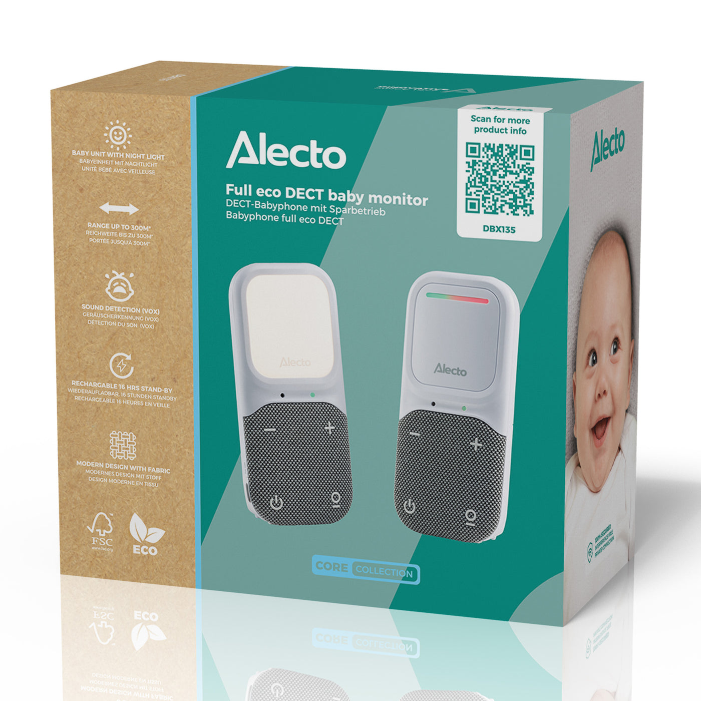 Alecto DBX135 - Modernes Full Eco Audio-Babyphone mit kristallklarer DECT-Klangqualität, langer Standby-Zeit und Nachtlicht - Weiß/Grau